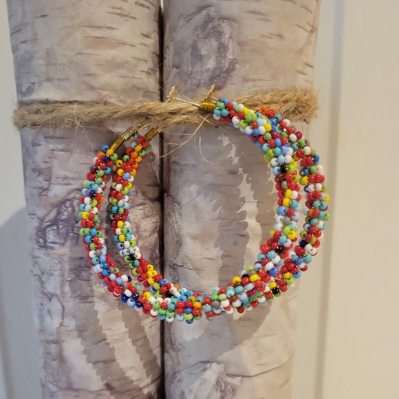 Hand Crafted Jewelry - Handmade Multicolor Beaded Hoop Southwestern Boho Western Artisan Festival Y2k